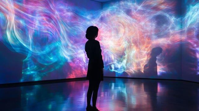 A person standing in an interactive digital art exhibition, surrounded by projected visuals of flowing abstract patterns and colors, fully immersed in the sensory experience 