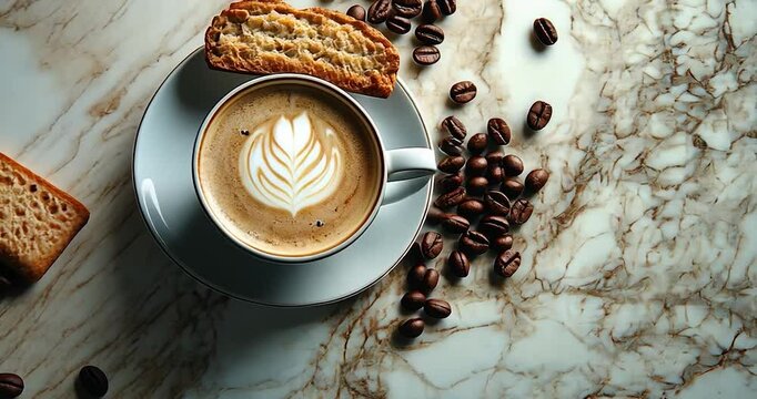 Latte art coffee cup with biscotti on marble.