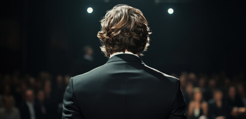 Fototapeta premium Close-up view of an athletic man standing confidently in front of an audience, engaged in a presentation at a formal evening event