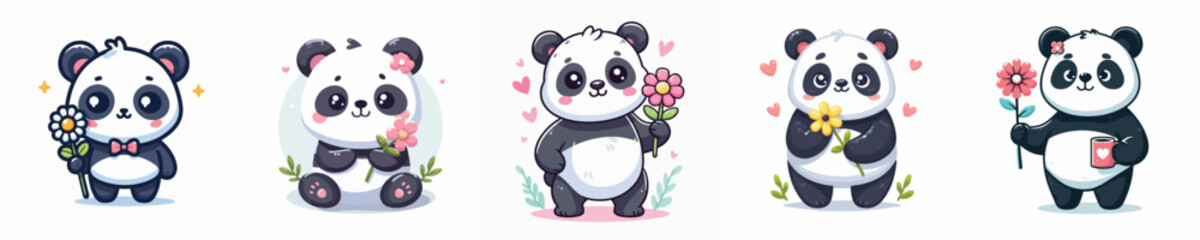 vector cute panda holding flowers