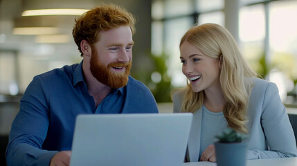 "Young Woman and Man in Their Thirties Sitting at an Office Desk - Professional Collaboration"