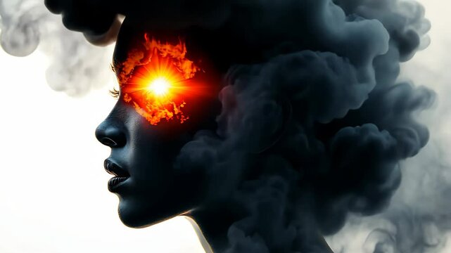 Woman's face is shown with a bright red eye and a cloud of smoke surrounding her head. Concept of chaos and confusion, as if the woman is trapped in a storm of her own thoughts