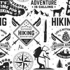 Hiking outdoor adventure seamless pattern with emblems, logos. Background, wallpaper, seamless pattern with human skull skeleton in hat, hiking boot, pine cone, hiker bear with backpack, mountains.