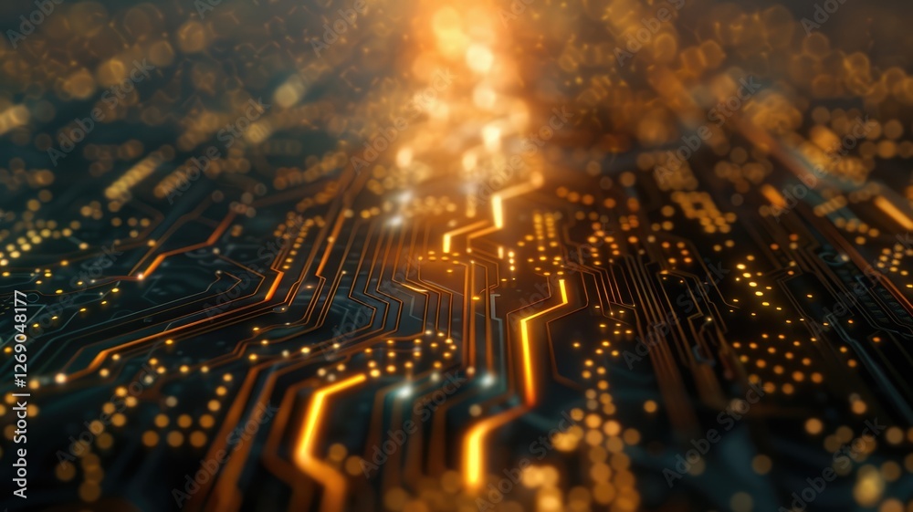 Poster this abstract image features a detailed computer circuit board design illuminated with vibrant color
