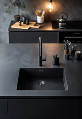 A minimalist black kitchen sink in a stylish, softly lit interior.