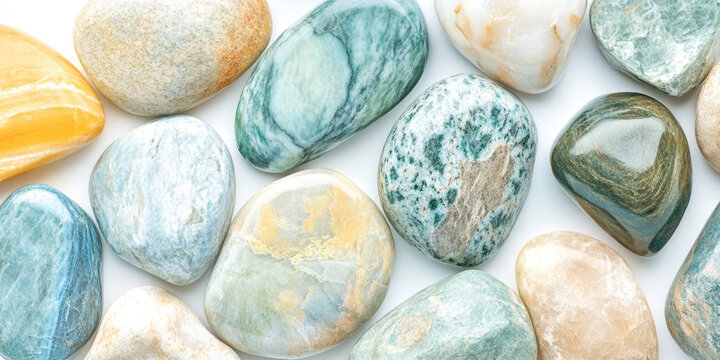 A vibrant arrangement of smooth rounded stones features an array of colors and textures, showcasing nature's artistry and beauty