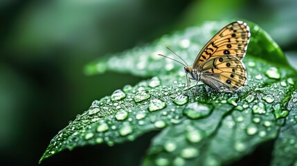 Obraz premium Spring rain inspires nature beauty butterfly perched leaf in lush environment after rainfall