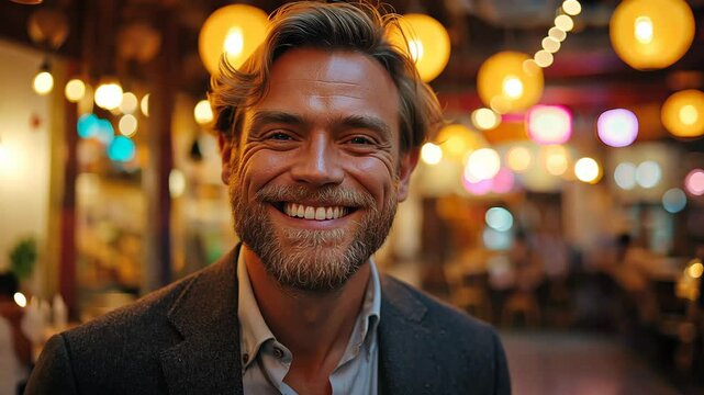 Man with a beard and a smile is standing in a restaurant with a group of people. He is wearing a suit and tie