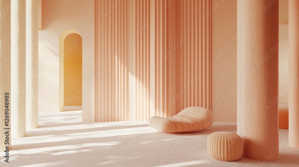 Poster soft peach hues envelop the spacious living area, where light filters through arched windows, creati