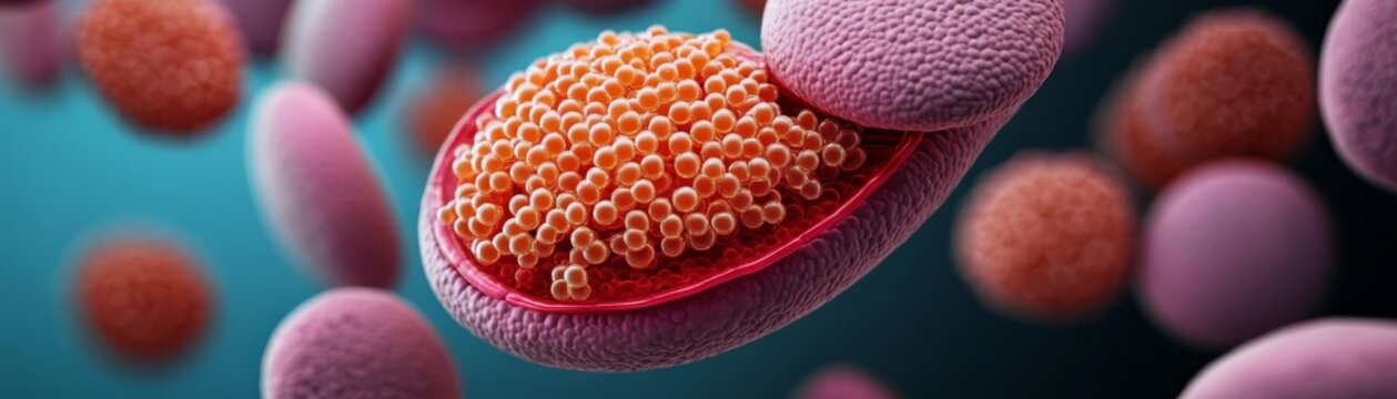 Illustration of hepatocytes showing glycogen storage granules