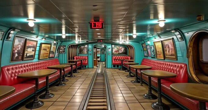 Retro-style diner interior with teal walls, red booths, and a train track floor.