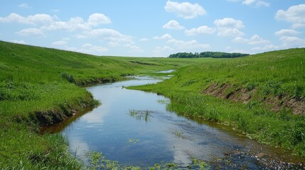 Obraz premium Green valley stream flowing through grassy hills under a blue sky