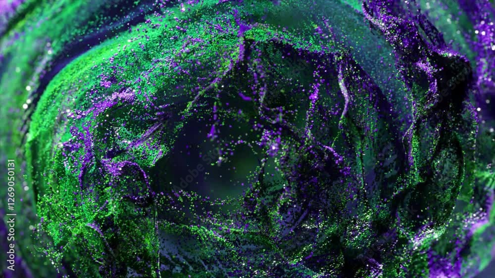 Poster green and purple particles are mixing and swirling, creating a mesmerizing visual effect against a d