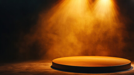 round podium illuminated by soft golden lights in dark setting, creating dramatic atmosphere