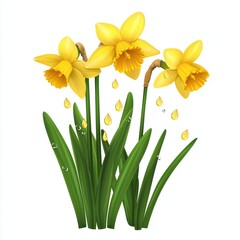Raindrops falling onto bright yellow daffodils, capturing the essence of spring rain, isolated on white