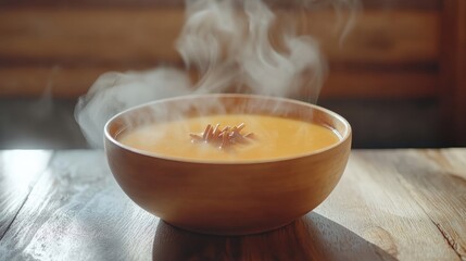 Delicious Hot Soup with Steam in a Rustic Wooden Bowl