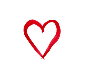 Outlines of red hearts drawn with watercolor red paint on white isolated background with clipping path. Design element.