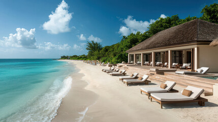 Fototapeta premium picturesque summer resort beachfront with clear turquoise water, white sand, and lounge chairs