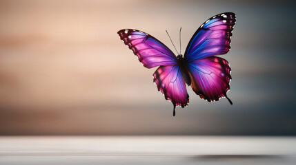 vibrant purple butterfly with blue tips gracefully flutters in air, showcasing its delicate wings
