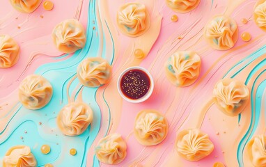 Chinese dumplings with soy dipping sauce on a pastel background
