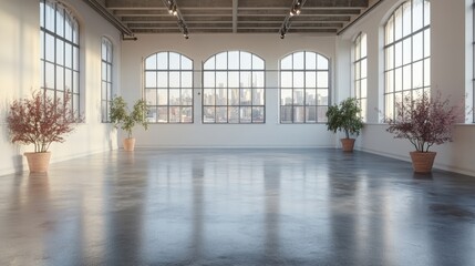 Bright and spacious interior of a modern studio with large windows and potted plants, showcasing a city view