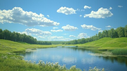 Serene summer landscape with river and lush green hills