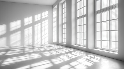Bright, empty interior space with large windows casting shadows on the white floor, ideal for minimalistic design