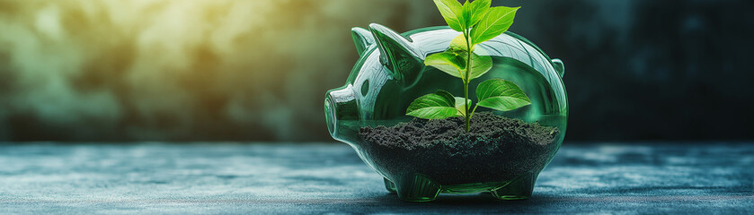 Green, environmentally friendly piggy bank with a growing plant inside, symbolizing savings for sustainable investments