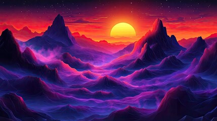 Vibrant sunset over stylized mountains