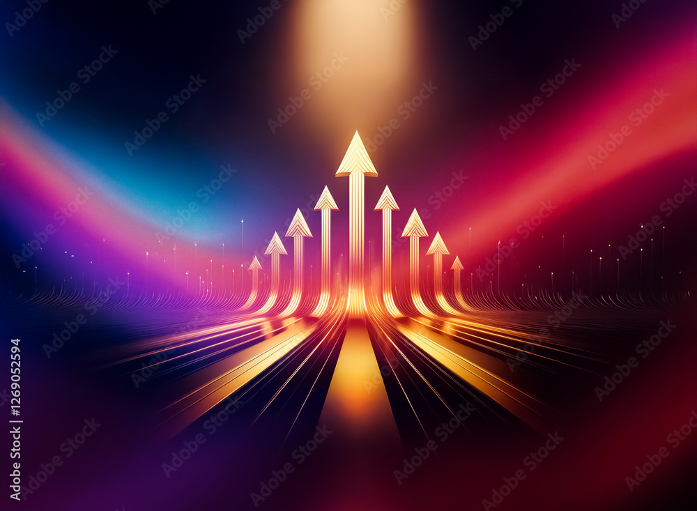 Poster Multiple golden arrows point upward, illuminating a dark background with a spotlight.  The arrows are positioned on a path of parallel lines.
