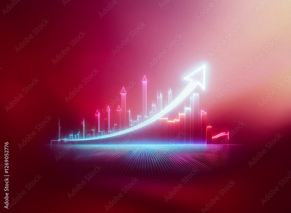 Aufkleber neon cityscape skyline graph depicting upward trend, signifying growth and progress. bright, glowing