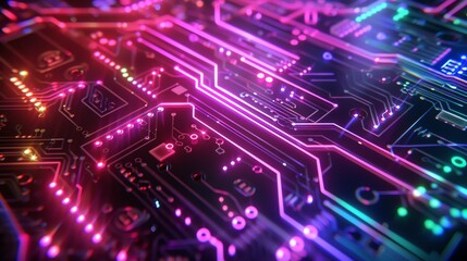A circuit board with glowing lines. The colors are bright and vibrant. The image is full of energy and excitement.