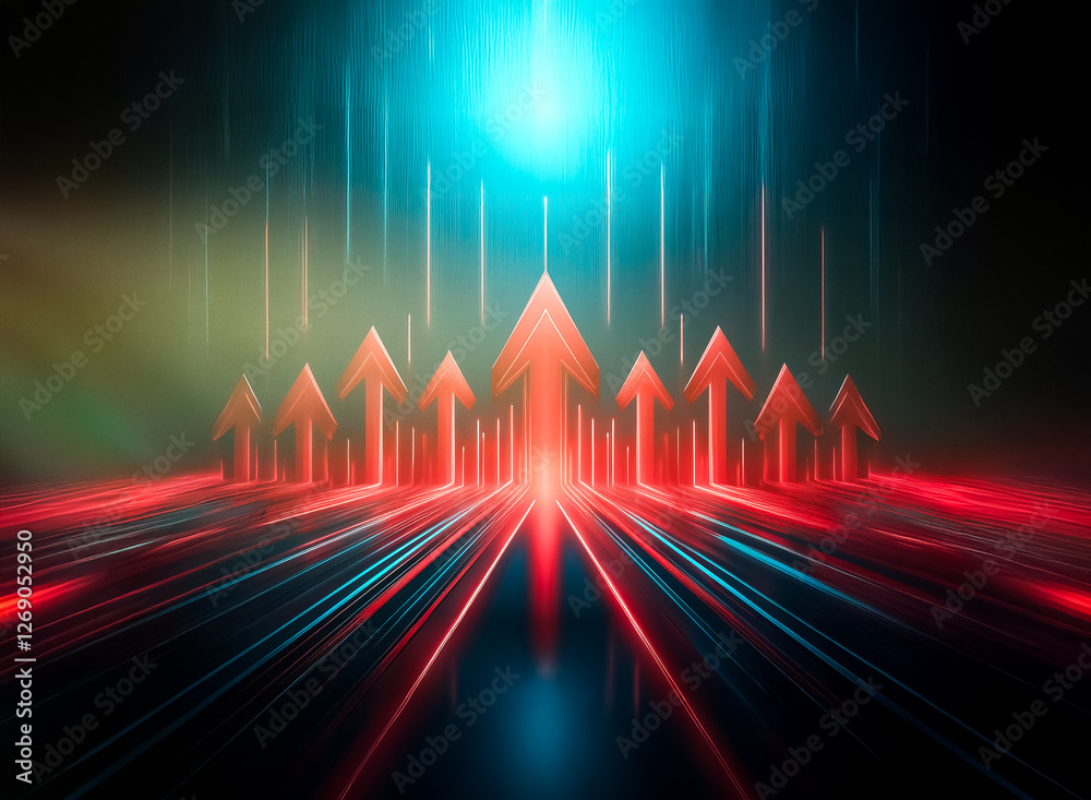 Aufkleber A glowing abstract image of multiple red arrows pointing upward on a black background. There are blue and red streaks of light in the background.