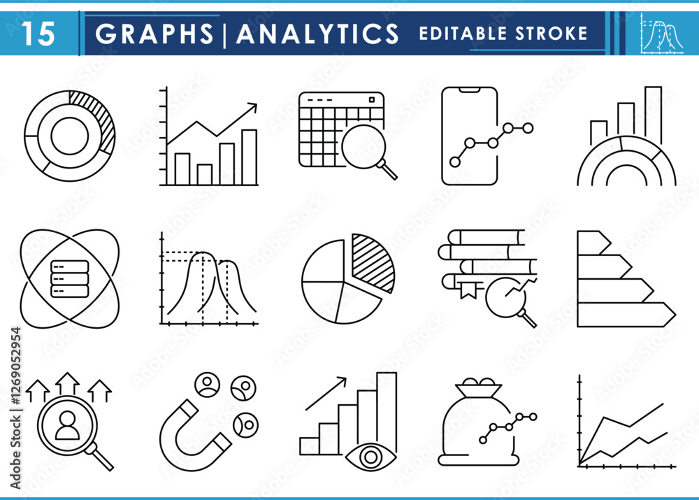 Fototapete a set of line icons related to graphs and analytics. charts, graphs, statistics, growth, insight, at