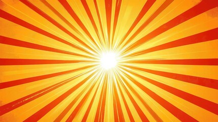 Fototapeta premium Bright sunburst pattern with vibrant yellow and red rays radiating outward, creating a warm atmosphere