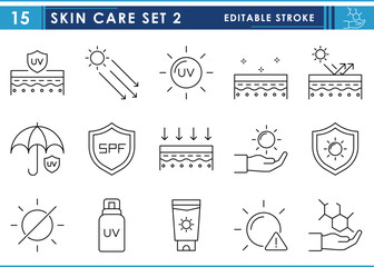 A set of line icons related to Skin Care. UV rays, filter, sunscreen, glowing skin, umbrella, sun, rays, warn, and so on. Vector editable stroke.