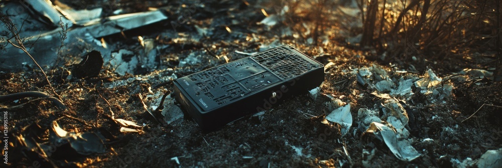 Poster black box recorder located amidst scattered airplane debris in a wildfire aftermath. generative ai