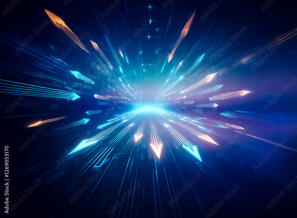 Poster Abstract digital art depicting a futuristic tunnel of glowing blue and orange arrows converging towards a bright center.  The image evokes speed, technology, and data flow.