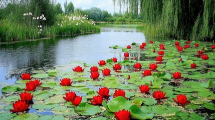 Obraz premium Serene Red Water Lilies in a Tranquil Pond