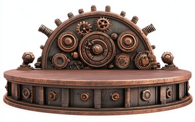 Steampunk-inspired podium with bronze gears and mechanical accents, isolated on white