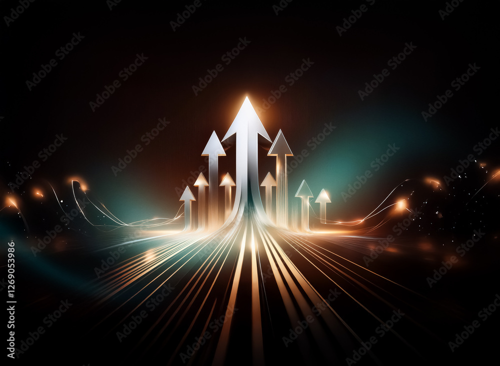 Poster multiple silver arrows point upwards on a dark background with glowing lines that lead to the arrows