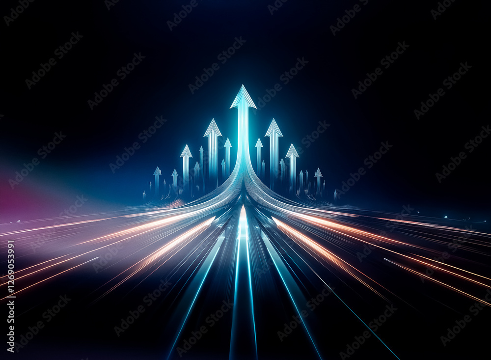 Poster Glowing arrows point upward on a dark background with a blurred, streaking light effect.