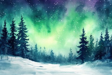 Fototapeta premium Stunning aurora borealis lights up a snowy landscape under a starry sky in winter. Generative AI
