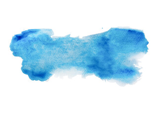 Blue watercolor brush stroke or stain with blot and splash isolated on white background with clipping path. Texture, frame, text background. Design element.