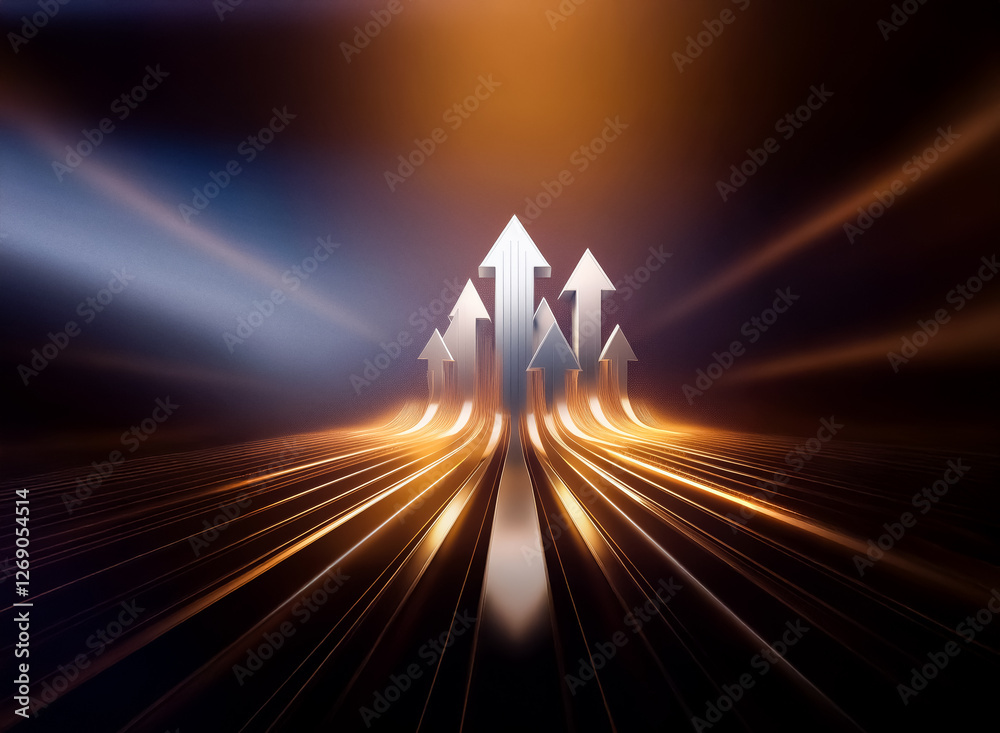 Poster silver arrows point upward on a dark background with bright golden lines converging in the distance.
