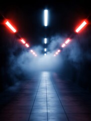 Dimly lit corridor with red and blue light, fog creating an eerie atmosphere, ideal for horror themes