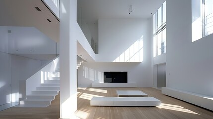 Modern Minimalist Open-Plan Living Space with High Ceilings and Sunlight Streaming Through Large Windows