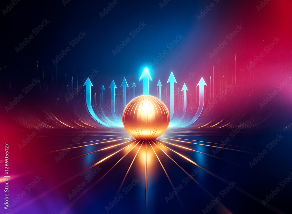 Poster a glowing golden sphere sits at the center of a dark scene, surrounded by a ring of blue arrows poin