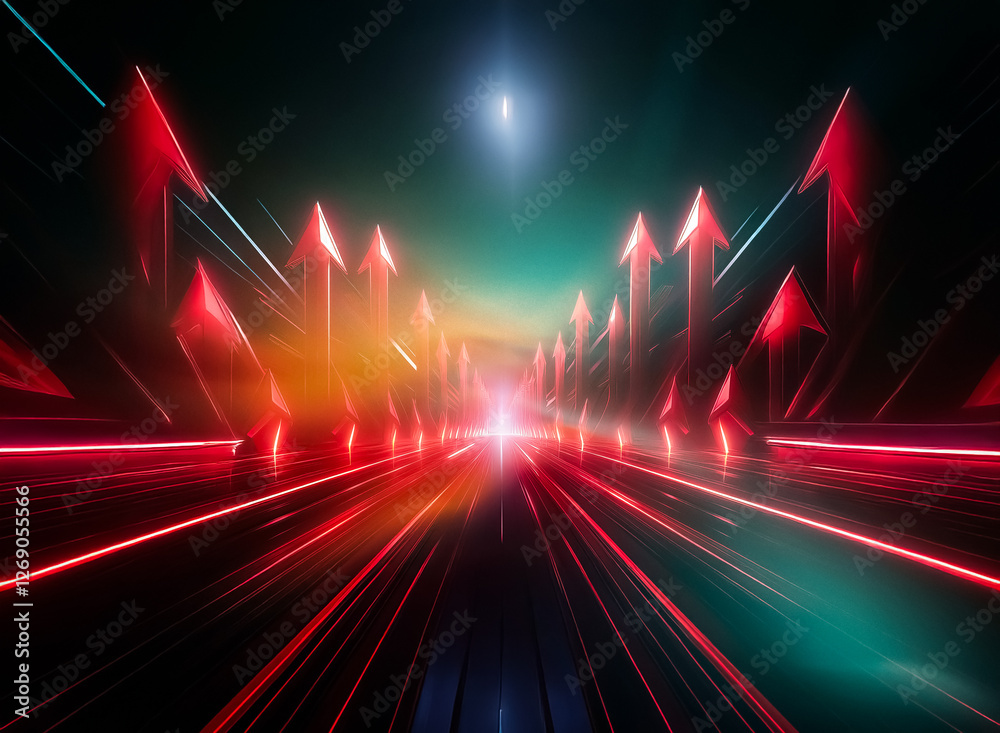 Poster a futuristic tunnel lined with red glowing arrows, a bright light at the end.