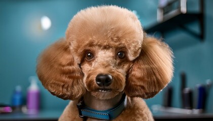 Generated image A cute poodle at a grooming salon showcases its fluffy beauty after a fresh haircut, pet care